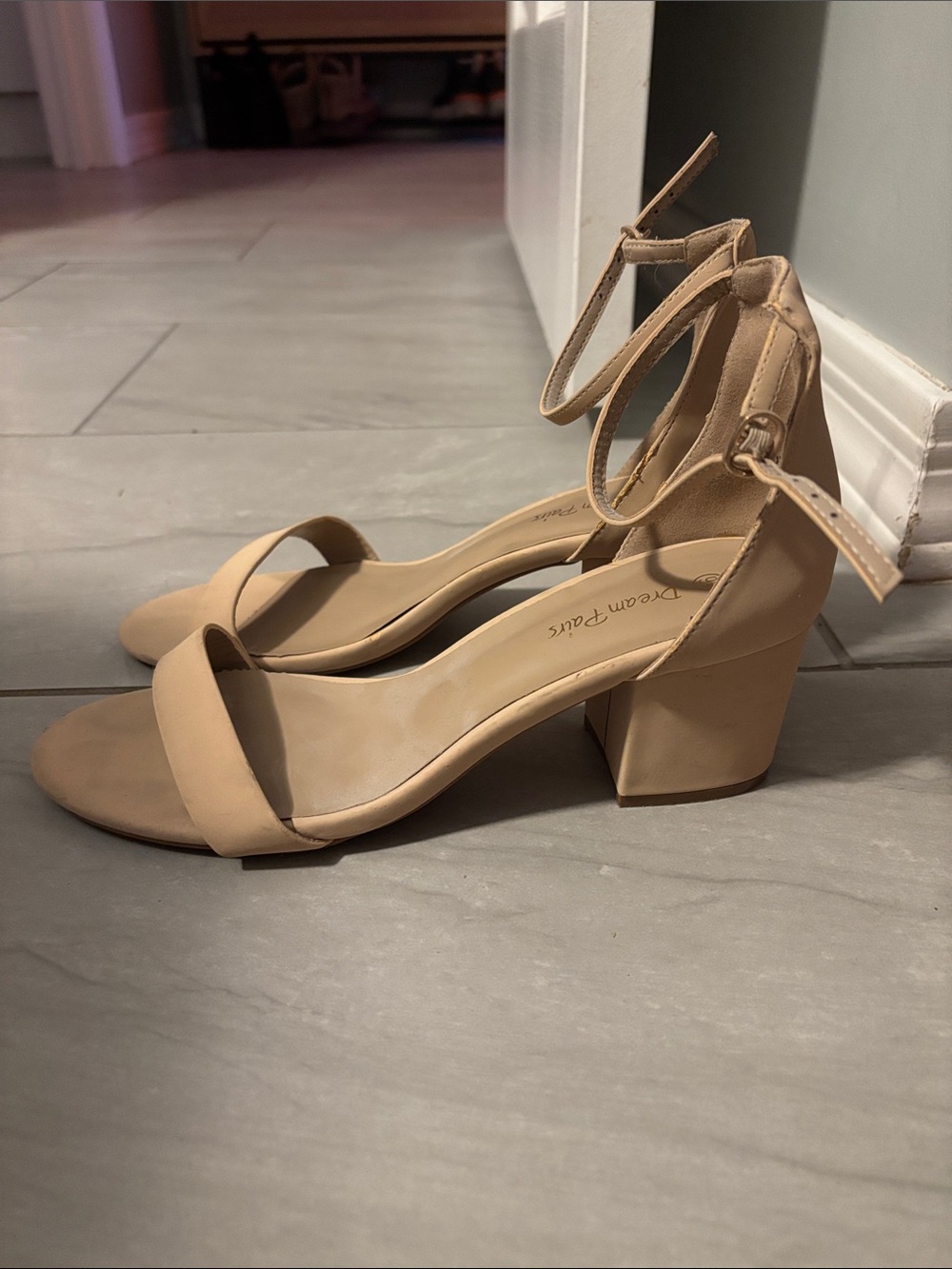 Women's Beige Ankle-Strap Block Heel Sandals